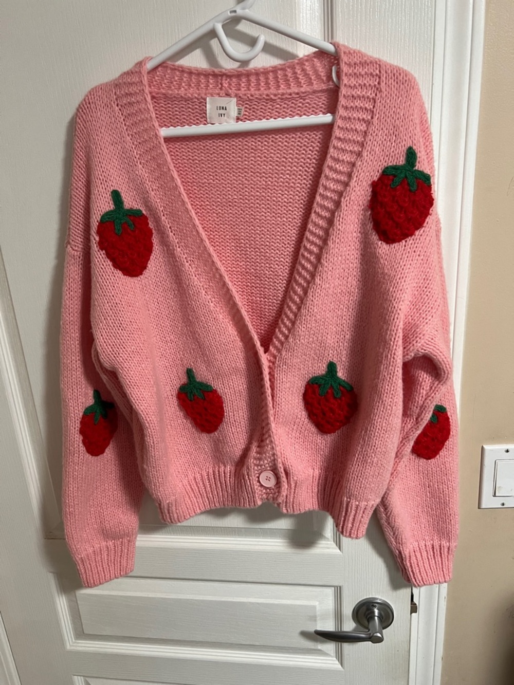 Luna Ivy Pink Strawberry Appliqué V-Neck Cardigan Sweater